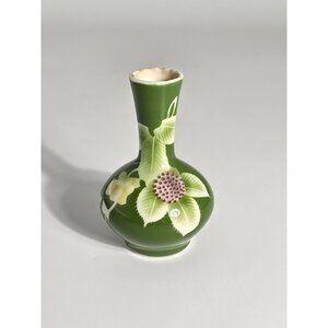 Shofu Katei Green Ceramic Vase Hand Painted Floral Design Chinese Mark On Base